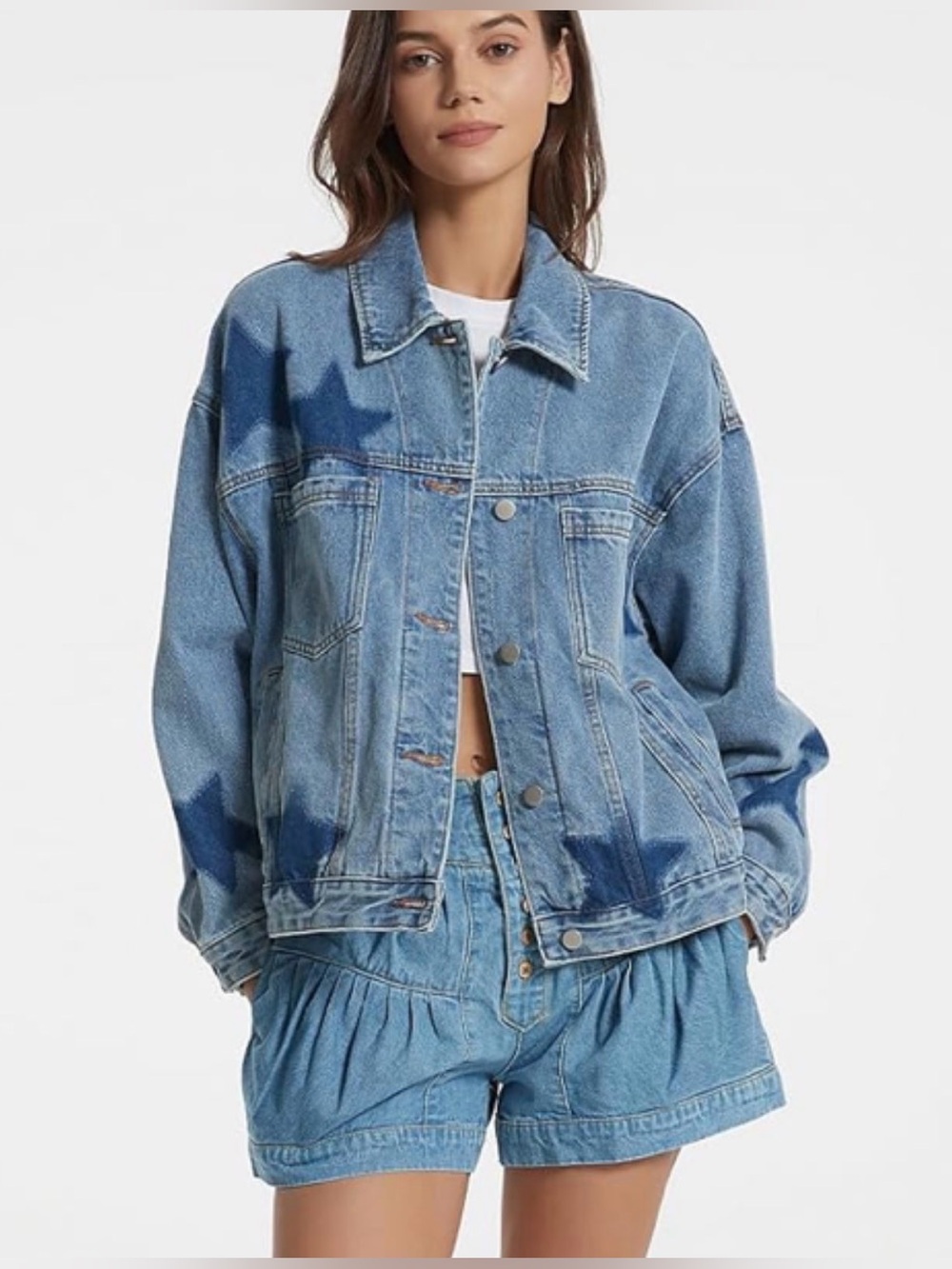 Star Print Light Wash Denim Hoodie Jacket (chose ur size and color print) 🌼